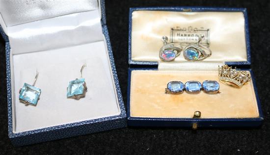 Wrens brooch, blue brooch and earrings